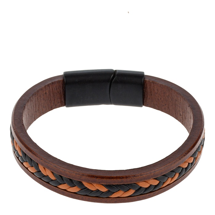 دستبند چرمی مردانه مدل Deri 1040 ترک با بدنه چرم قهوه‌ای تیره و نوار بافت‌دار مشکی و کاراملی و قفل فلزی مشکی در فروشگاه النگو