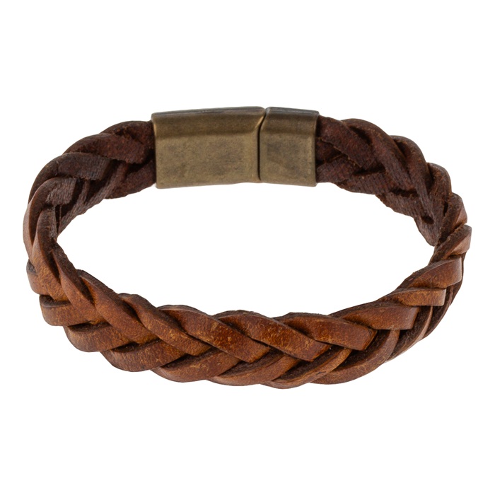 دستبند چرمی مردانه مدل Deri 1041 ترک با بند چرمی بافت‌دار قهوه‌ای سوخته و قفل فلزی برنز مات در فروشگاه النگو